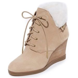NEW MICHAEL KORS WOMEN’s CARRIGAN SHEARLING WEDGE BOOTIE- DARK KHAKI- 5.5. M